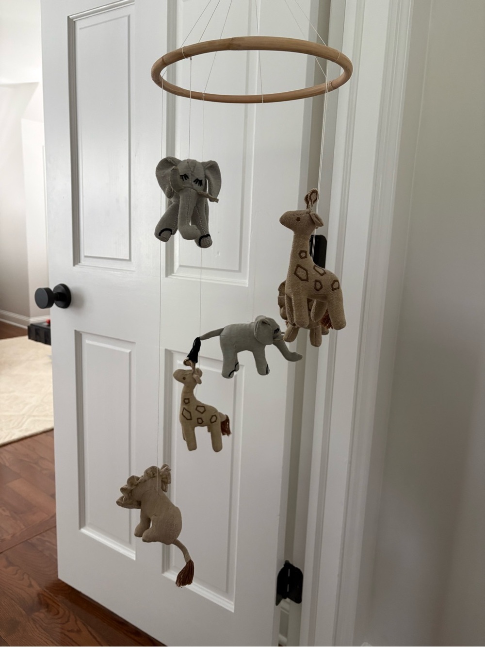 Restoration Hardware Neutral chambray Safari Animal Mobile in Gray and Tan